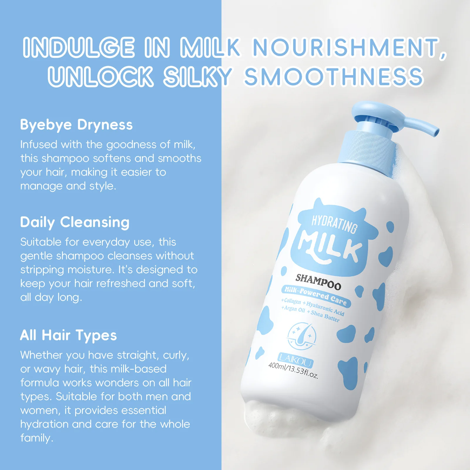 

LAIKOU Milk Moisturizing Shampoo 400ml, Hydrating Hair Care for Dry Damaged Hair, Smoothing Nourishing Shampoo for Women Men