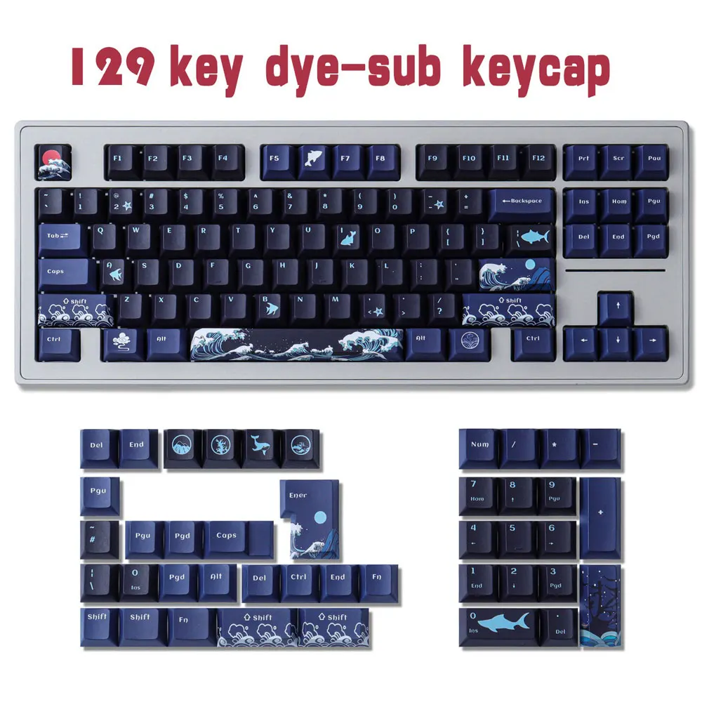 129 Keys Black Coral Sea Theme Full Set Keycaps Cherry Height PBT Thermal Sublimation For 61 68 75 87104 108 Mechanical Keyboard