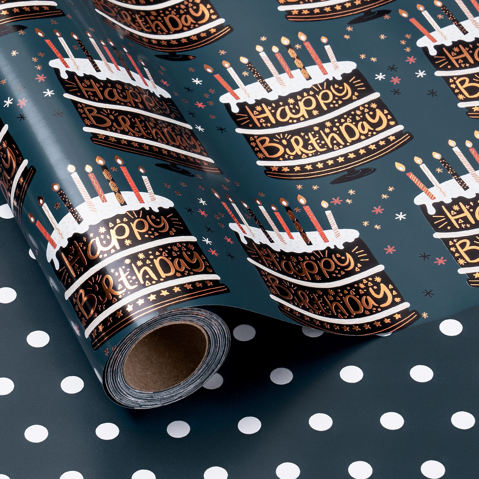 1 Roll of Reversible Metallic Foil Navy Blue and White Dot Birthday Cake Pattern Gift Wrapping Paper, Navy Blue Birthday Theme Gift Wrapping Roll, Suitable for Boys' Birthday Party Celebrations and Decorations, 43.2cm X 1000cm (17inch X 32.81 Feet)