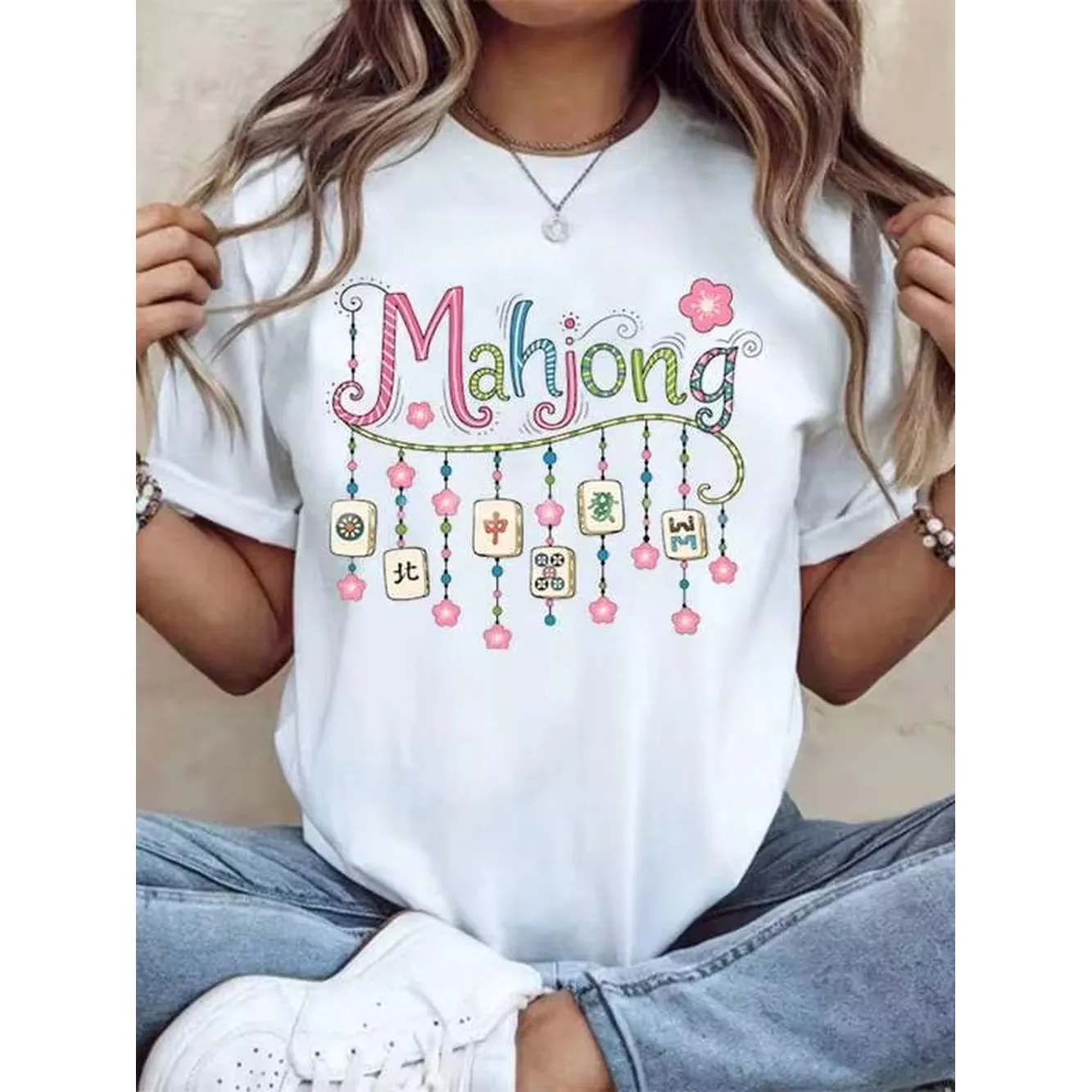 Mahjong Tile Design T-Shirt Women Casual Graphic Tee Chinese Game Theme Shirt For Mahjong Lovers Fun Gift For Festival And Everyday Wear,220g