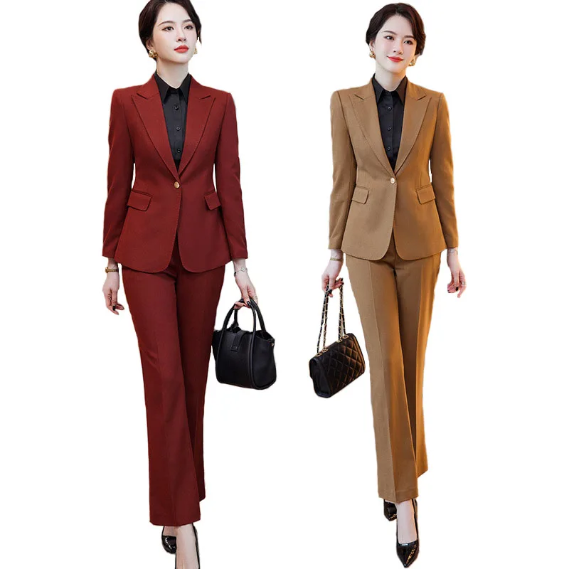 Traje Formal de chaqueta y pantalón para mujer, conjunto de 2 piezas, color verde, café y rojo