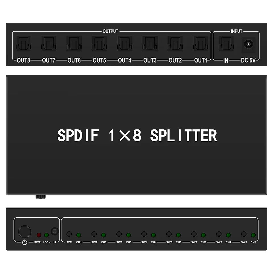 1 in 8 Out Digital Optical Audio 1X8 Splitters Optical SPDIF Toslink Fiber Aluminum Audio Splitter