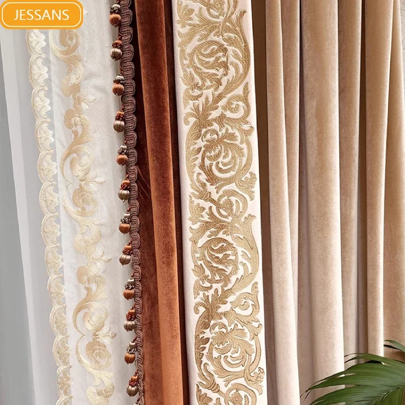 

Vintage Customized Milk Tea Brown Embroidery Velvet Patchwork Blackout Curtains For Living Room Bedroom French Window Villa