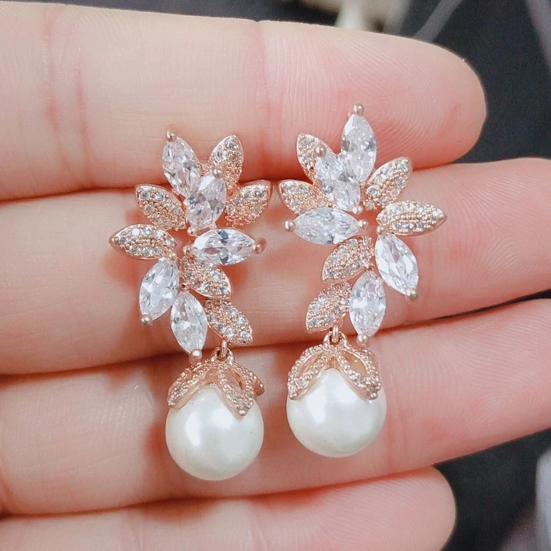 RAKOL Imitation Pearls Drop Earrings for Women Vintage Elegant Flower Cubic Zirconia Stone Crystal Bridal Wedding Ear Jewelry