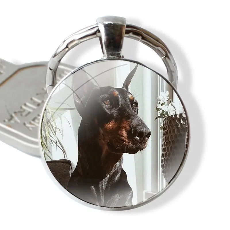 Cute Dachshund Doberman Dog Keychain Handmade Glass Cabochon Key Ring Holder Pendant Key Chains