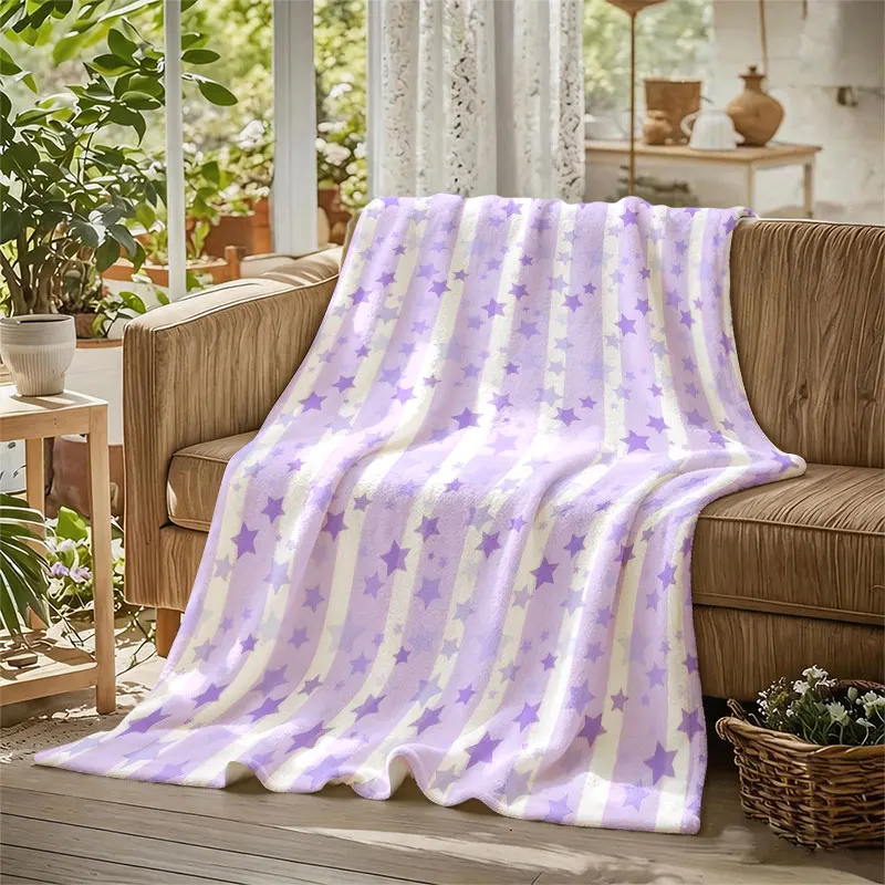 Purple Stars Stripes Flannel Blanket Perfect for Sofa Office Bed Travel Sleep Read Relax Camping Four Season Use