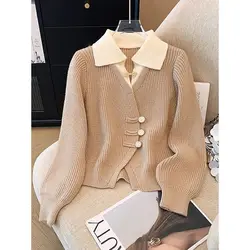 Autumn Winter Women Elegant Polo Collar Patchwork Sweater Cardigan Chinese Style Retro Graceful Knitted Coats Lady New Knitwear