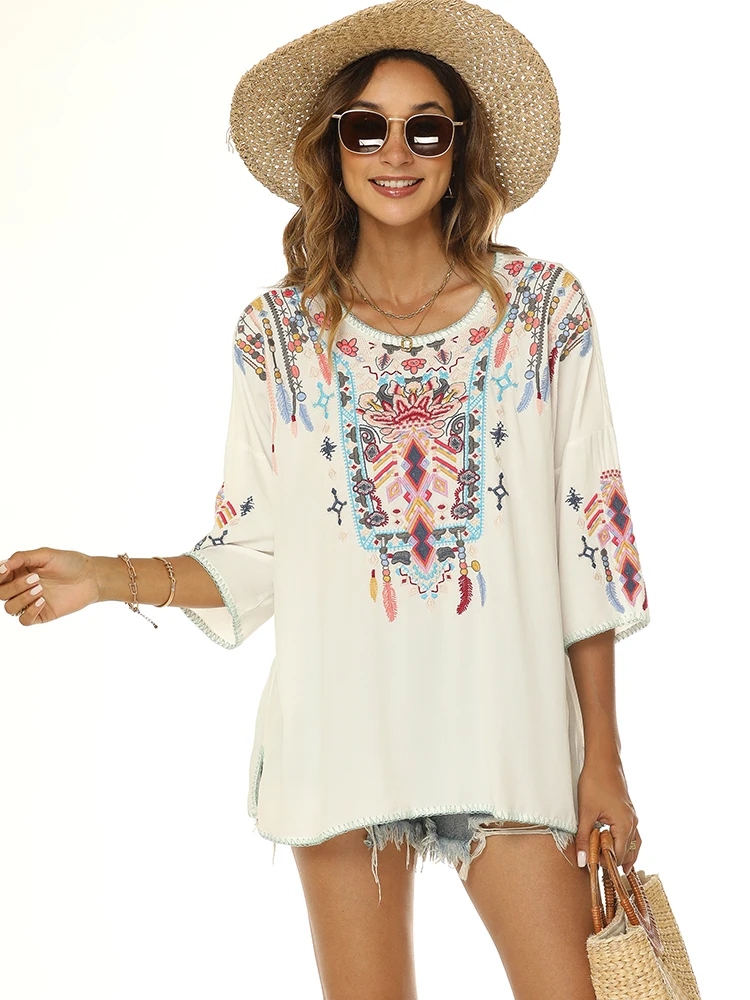 

KHALEE YOSE White Boho Embroidery Blouse Shirt Floral Long Vintage Chic V-neck Women Shirt 23xl Hippie Ladies Holiday Shirt Tops