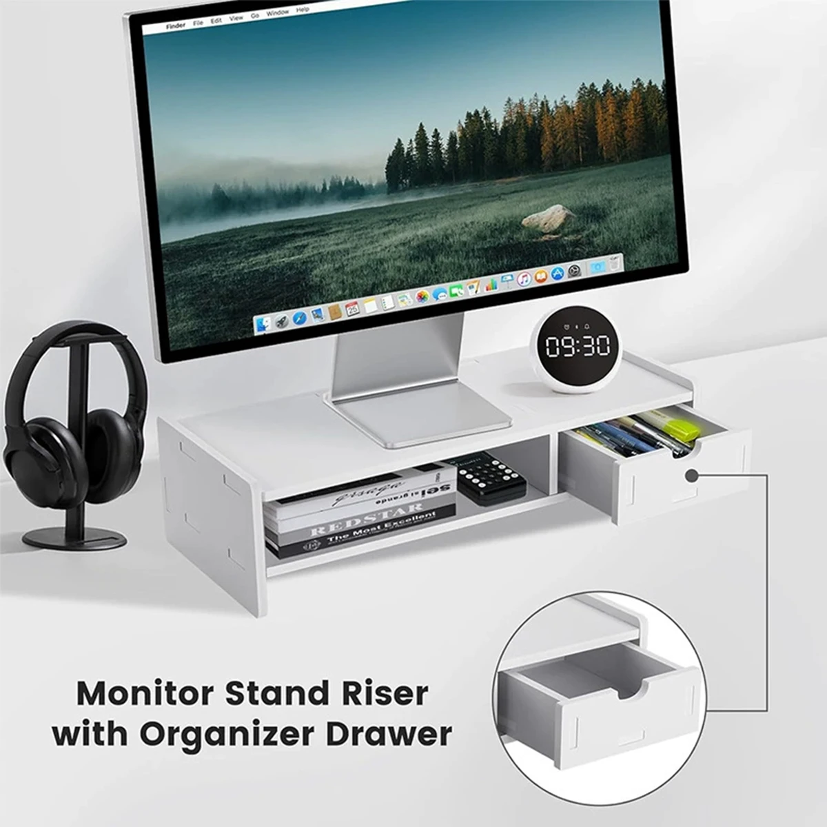 White Monitor Stand Riser with Drawer, Ergonomic Desk Organizer for Office Supplies