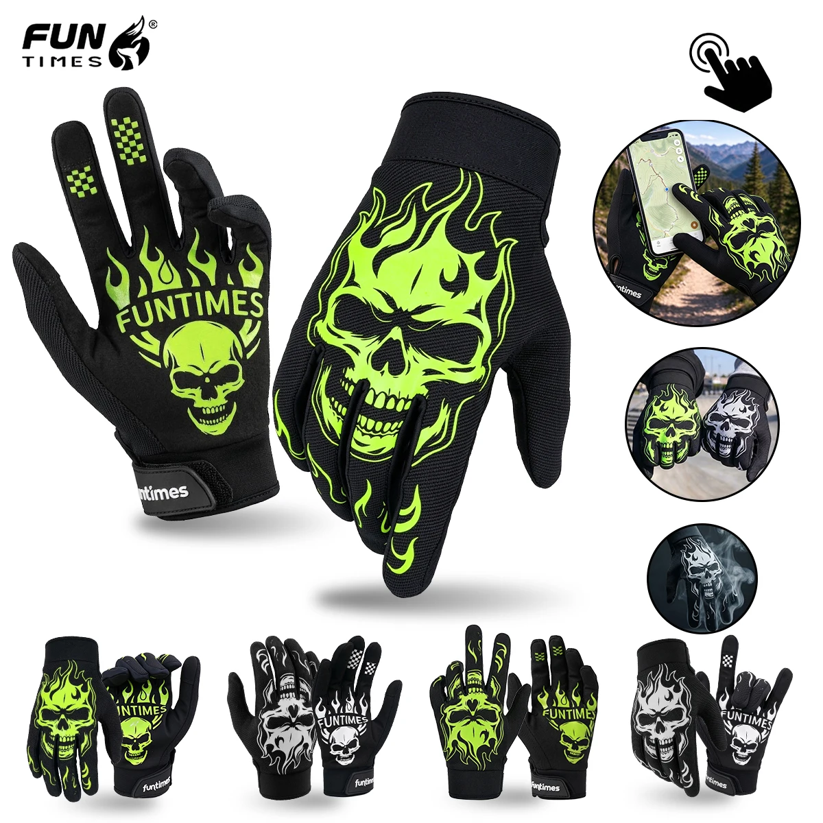 FUNTIMES Skeleton Flame Printed Full Finger Gloves Touch Screen Outdoor Cycling Motorcycle Sports Finger Gloves