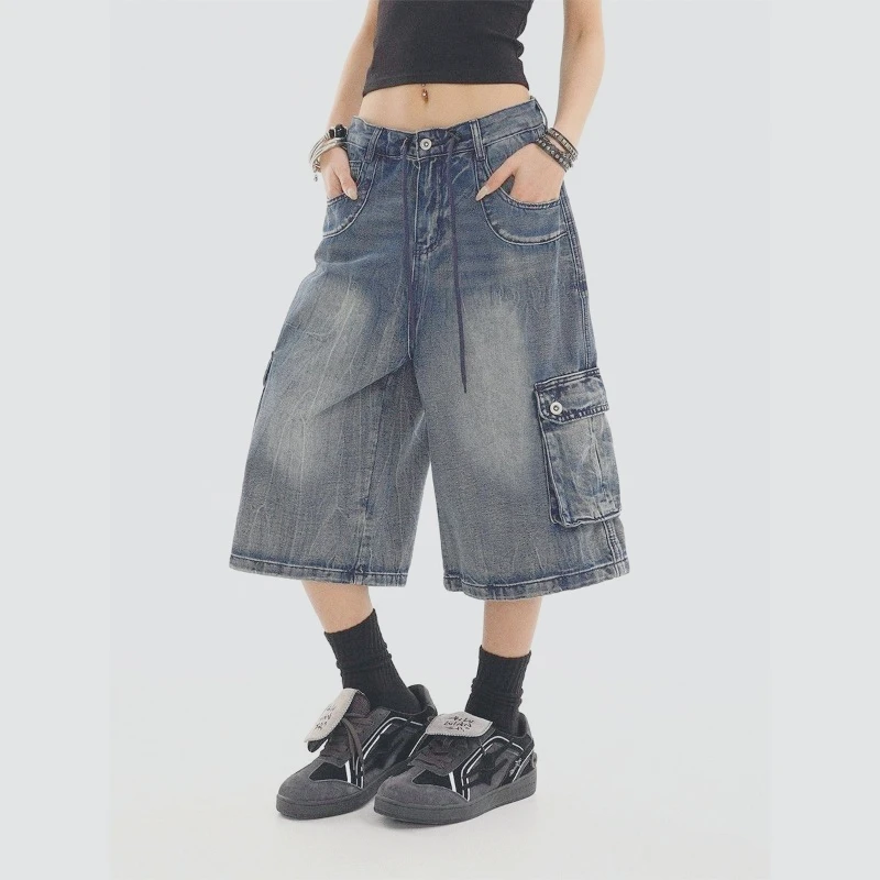 

Новые летние джинсовые укороченные брюки, мужские дизайнерские свободные прямые шорты в американском стиле ретро с несколькими карманами, женские брюки