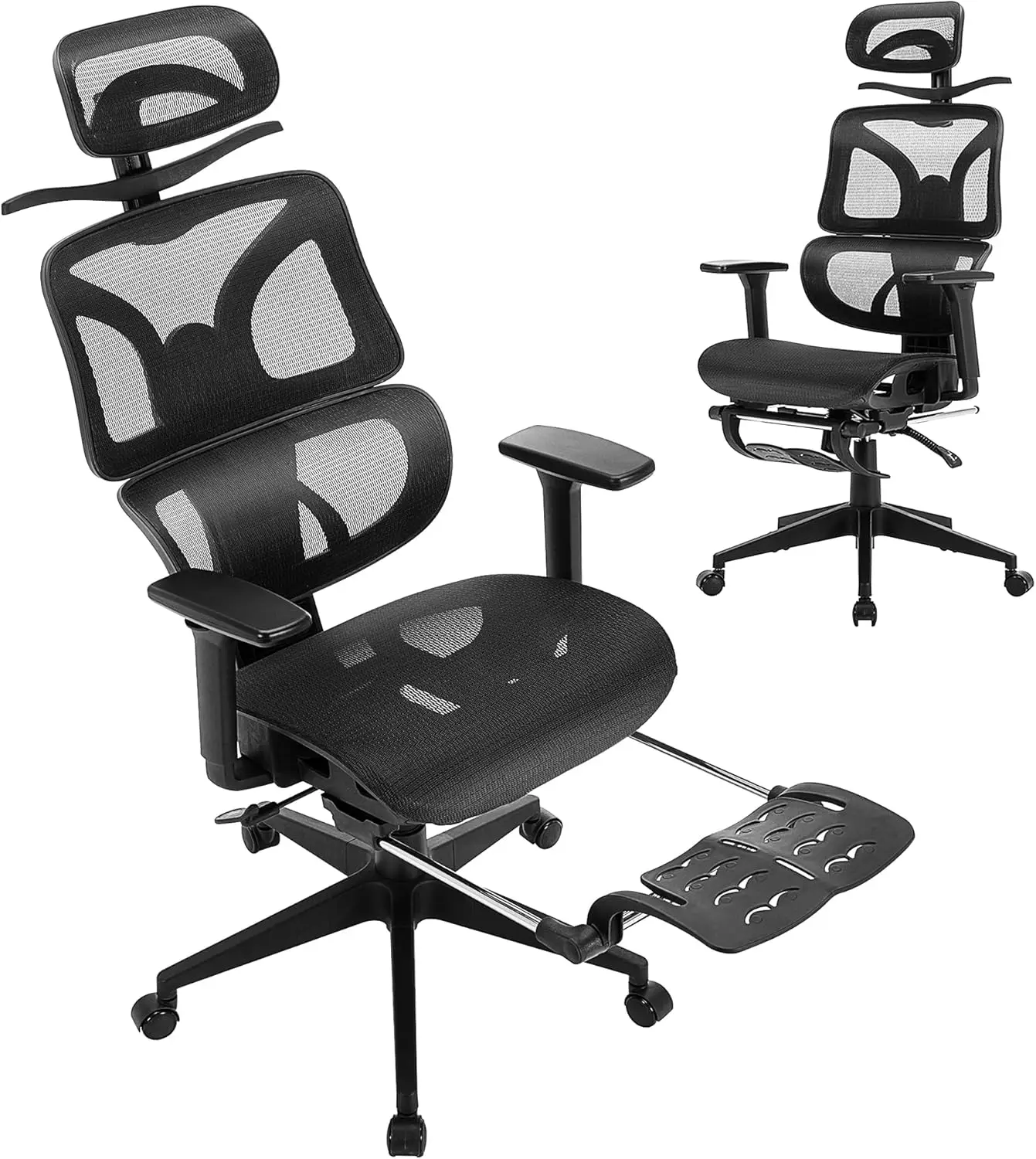 Ergonomic High Back Mesh Office Chair with Retractable Footrest, Adjustable Backrest, Tilt Function, 3D Armrests & Headrest, Lum