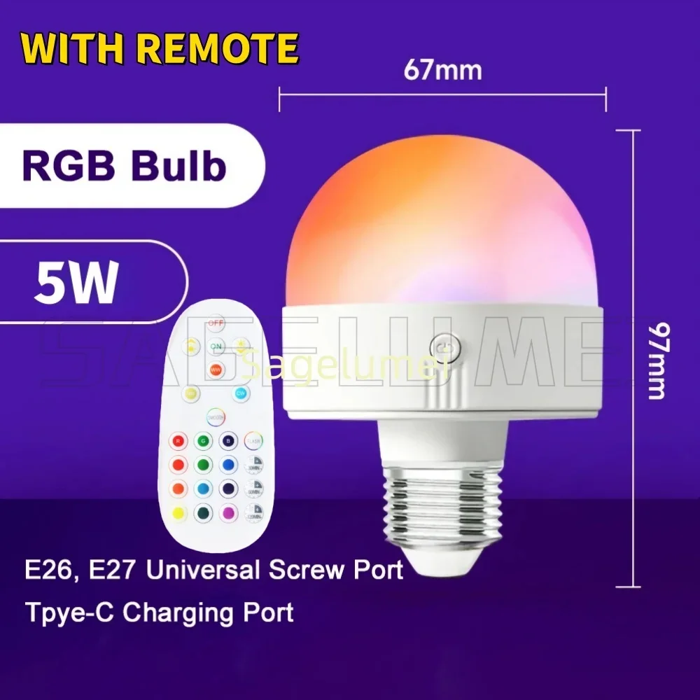 Smart E27 RGB/Tricolor LED 5W Birne Wiederaufladbare Dimmbare Notfall LED Lampe Camping Drahtlose Glühbirne Für hause Fernbedienung