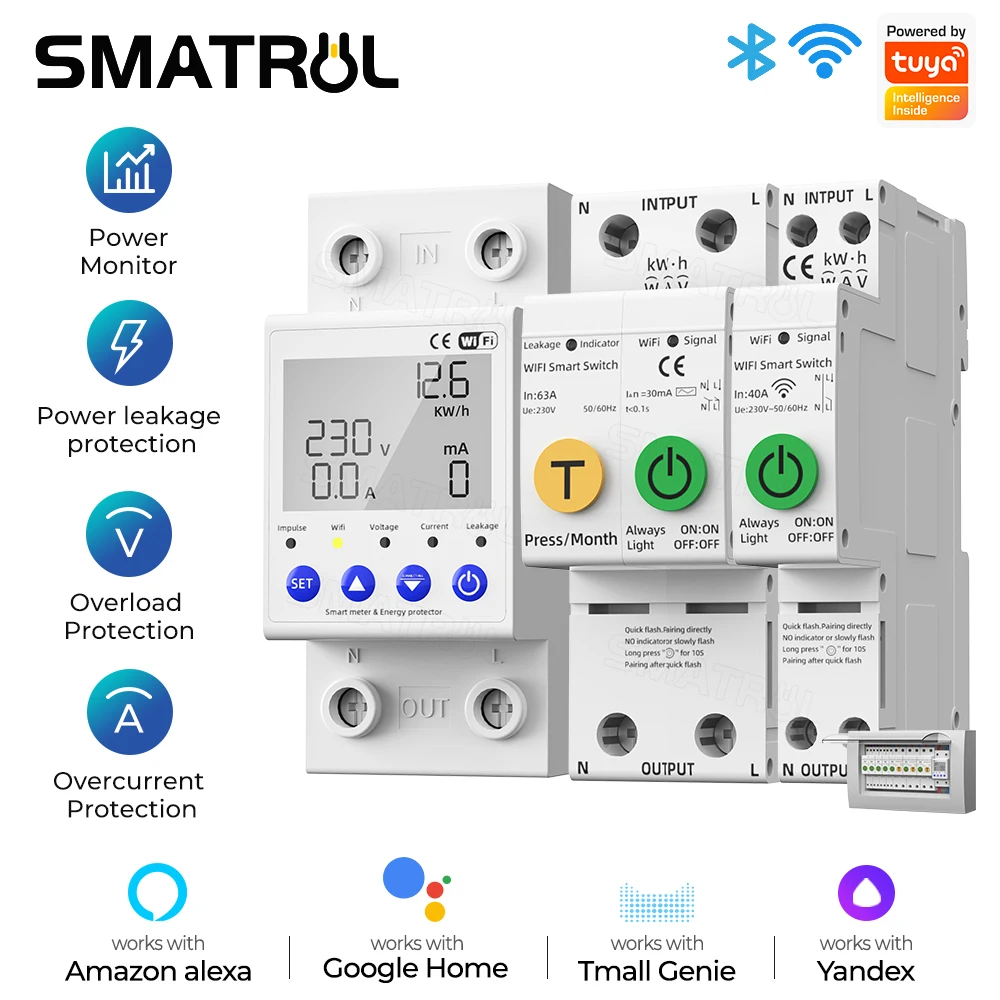 Tuya WIFI Smart Switch 40/63A Energy Meter Kwh Metering Circuit Breaker Timer With Voltage Current And Leakage Protection