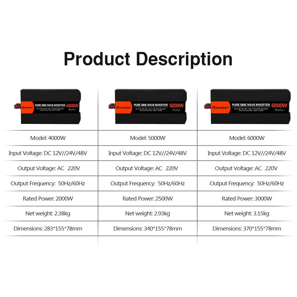 Moexsiac Pure Sine Wave Inverters 4000W 5000W 6000W Double EU Socket Car Inverter DC 12V 24V 48V To AC 220V Voltage Converters image 6