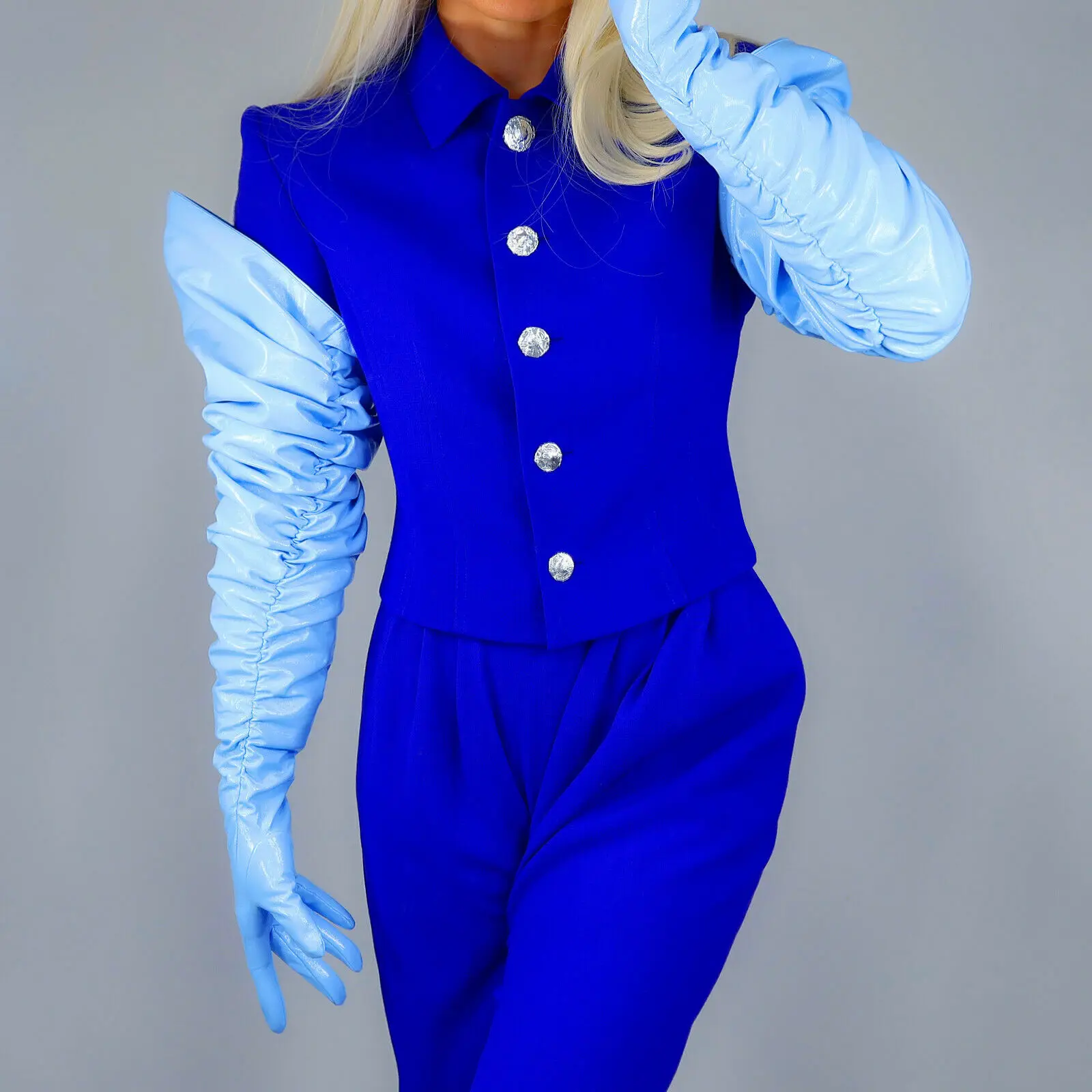 

Синие перчатки с рюшами из искусственной лакированной кожи, 40 дюймов (100 см), очень длинные, блестящие, глянцевые, латексные, для модных вечерних образов, косплея, костюмов на Хэллоуин