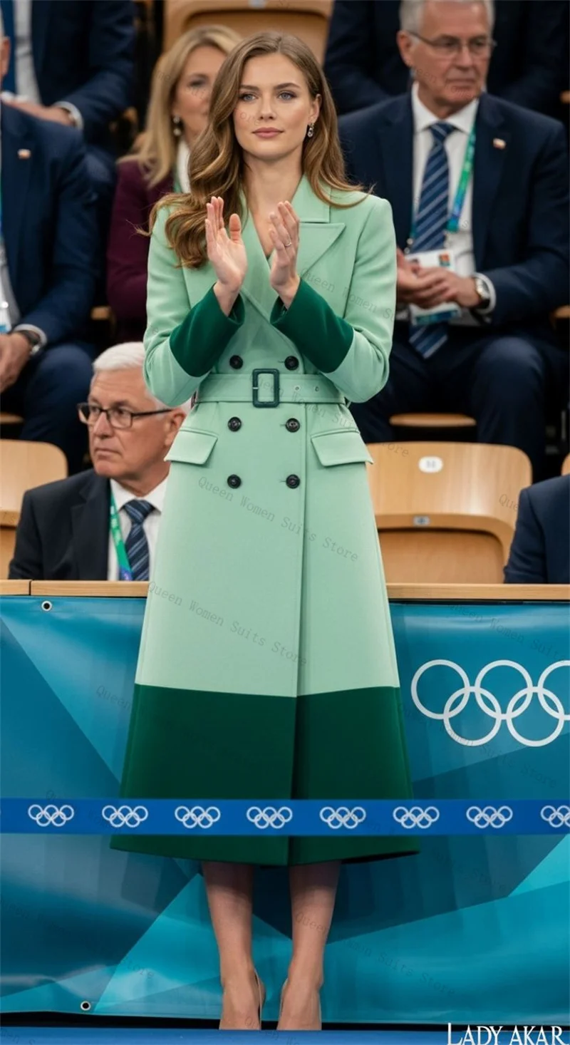 

Green Cashmere Women Suit 1 Piece Long Blazer Belted Woolen Prom Dress Formal Office Lady Jacket Wedding Guest Coat Customized
