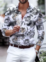 Fashion Tiger Chain Leopard Pattern Feather Digital Print Men's Long sleeved Shirt Leisure Party Street Hawaiian Polo Neck Shirt