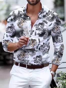 Camisa de manga larga para hombre, camisa con estampado Digital de plumas, patrón de leopardo, cadena de Tigre, moda, fiesta de ocio, calle, Polo Hawaiano, cuello