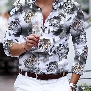 Đàn ông áo sơ mi polo dài tay, tiêu chuẩn da báo, hổ hiện tại, thương hại, dấu vân tay, giải trí bữa tiệc, đường Hawaii, thời trang 8 Áo sơ mi Tiger bán hàng chính - 3