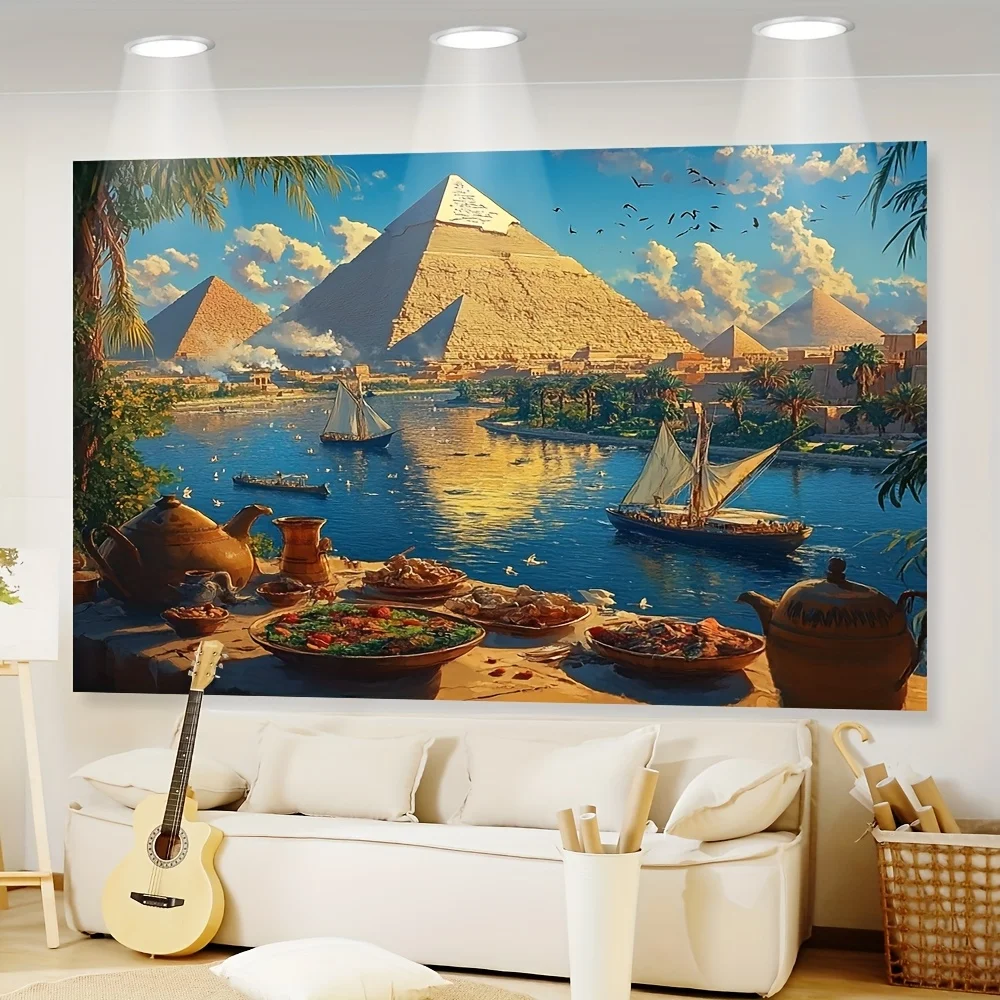 Egyptian Pyramid Tapestry, Nile River Landscape Wall Hanging, Ancient Civilization Decor, Exotic Travel Living Room Bedroom