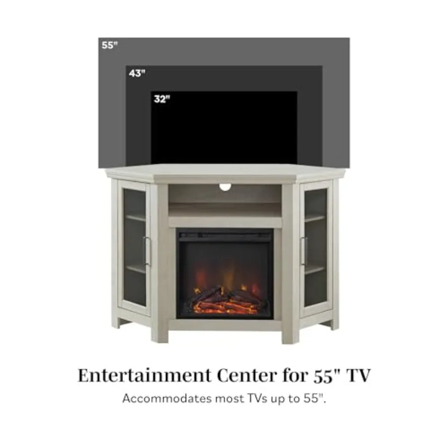 Traditioneller brauner Eck-TV-Ständer mit Glastüren für Kamine, ideal für Wohnzimmer und Medienräume, bietet Platz für Fernseher bis zu