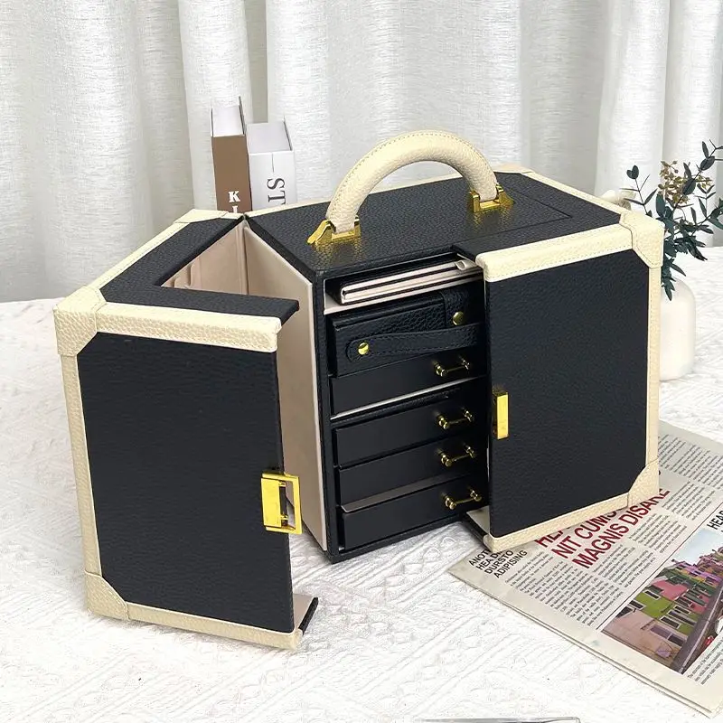 

Luxury Jewelry Box Leather Vintage Storage Box Ring Necklace Bracelet Large-capacity Organizer Case Jewelry Cabinet with Mirror
