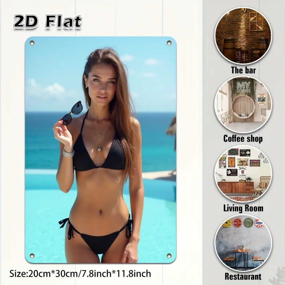Retro Metall-Blechschild, Frau im Schwarzen Bikini mit Sonnenbrille am Pool, Vintage Strand-Wanddekoration für Bar, Café, Zuhause, 20