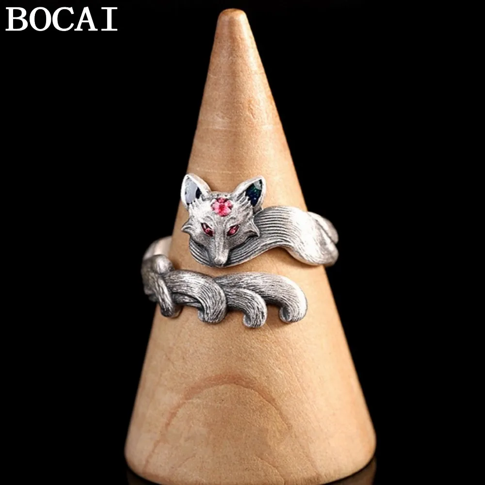 

BOCAI NEW S999 Sterling Silver Retro Personality Nine Tailed Fox Fairy Open Ring Women's Style