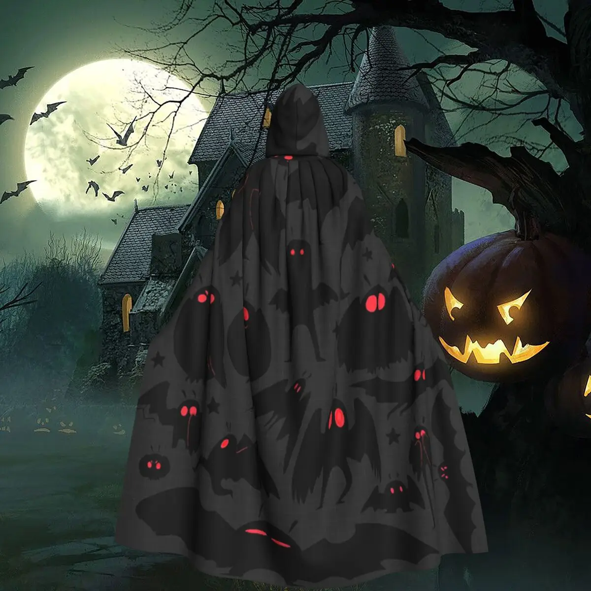 Cute Cryptids Mothman Pattern Long Hooded Cloak Witch Medieval Costume Cosplay Cape HalloweenCoat Adult Unisex