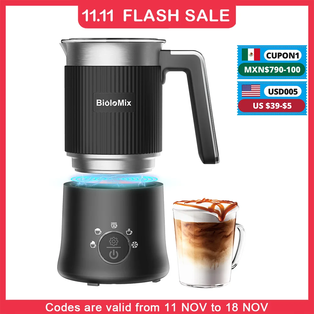 BioloMix 5-in-1 Automatic Hot/Cold Foam and Hot Chocolate Maker,Detachable Milk Frother and Steamer,Dishwasher Safe