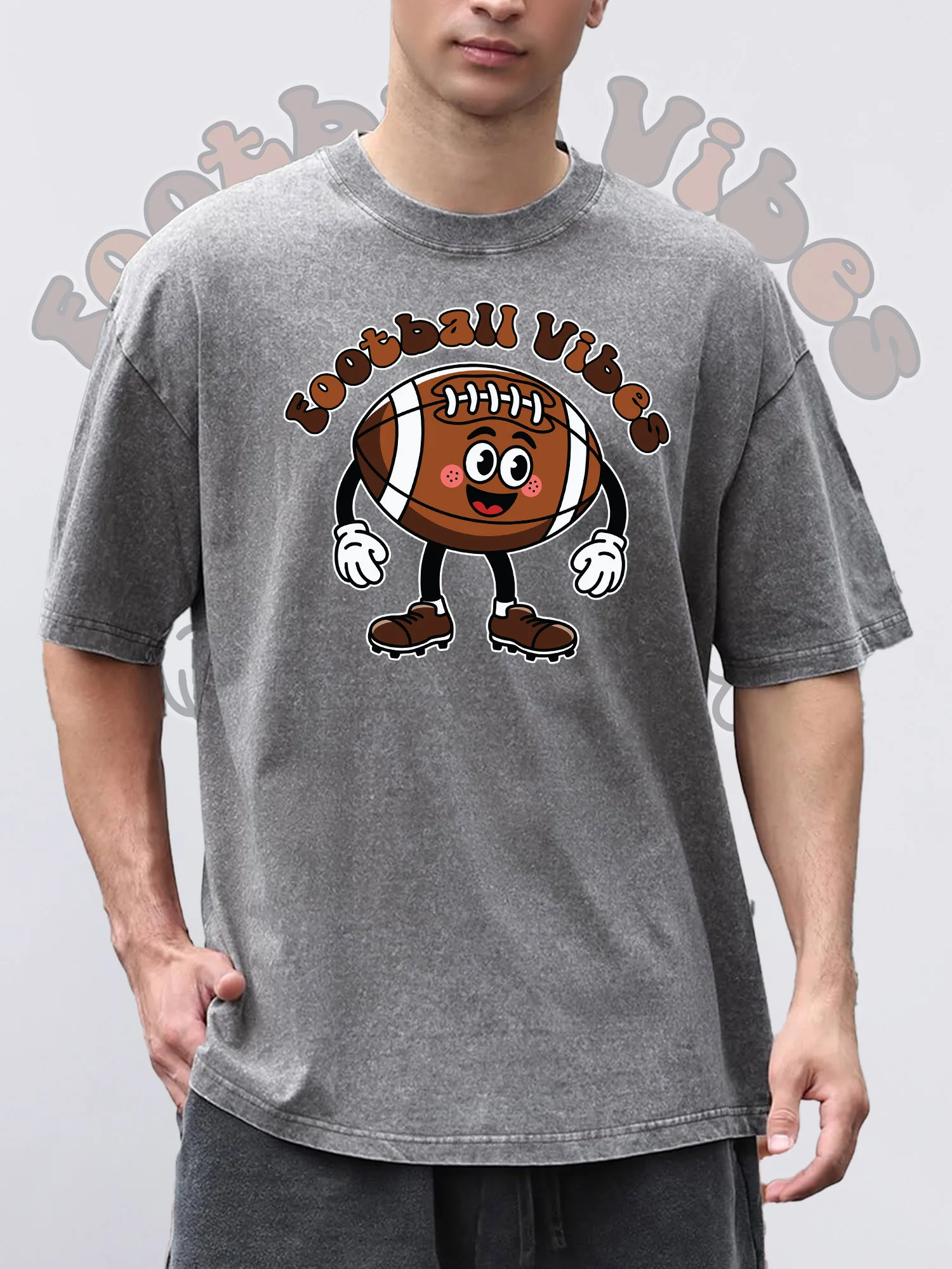 

Men's T-ShirtsFOOTBALL Printed Grey Short-Sleeved Round Neck Loose Summer 100% Pure Cotton Acid Wash Suitable For Thanksgiving