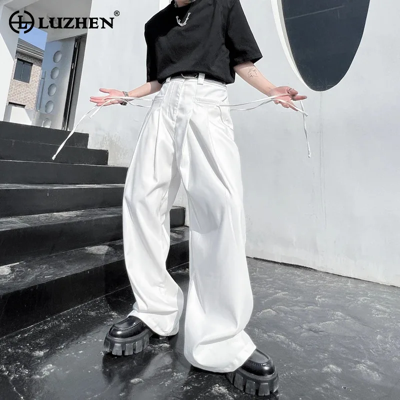 

LUZHEN Ribbon Decorate Fold Patchwork Design Solid Color Straight Pants Original Trendy Male Loose High Quality Trousers LZ4281