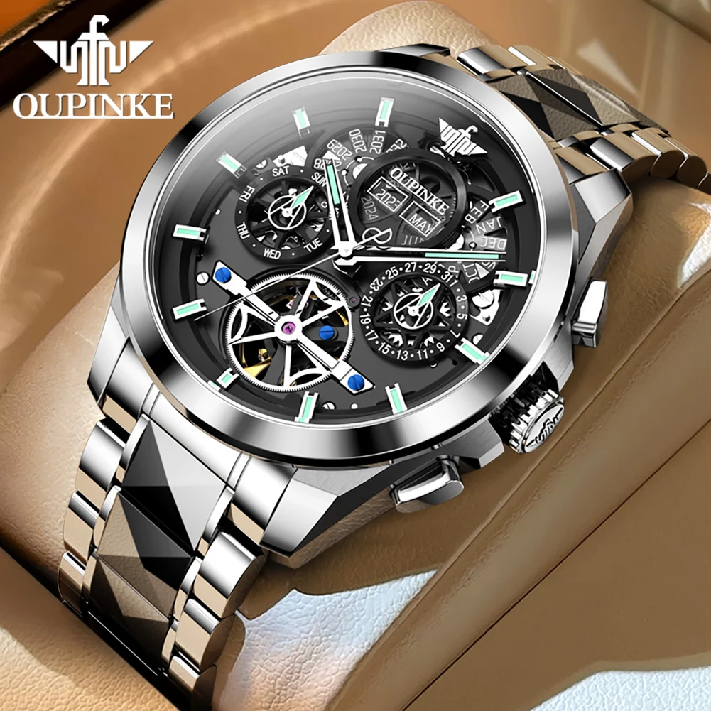 OUPINKE 3233 Tourbillon Multifunctional Luxury Mens Automatic Mechanical Wrist Watch For man Tungsten Steel Strap Waterproof