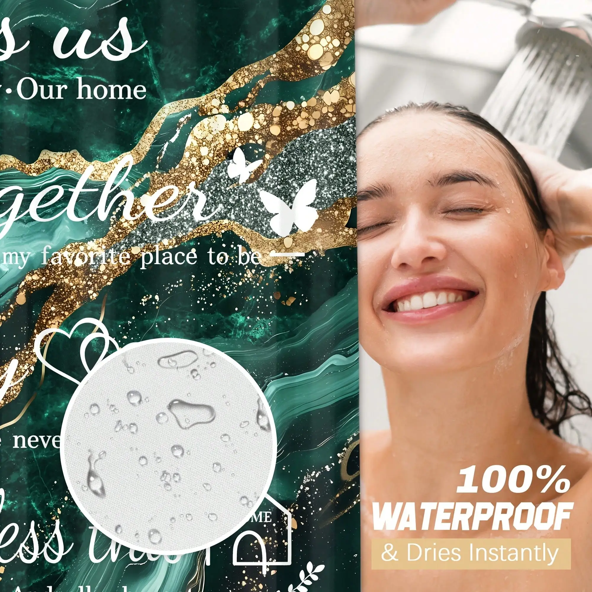 [Luxury Marble Bathroom Set] 4pcs Family Shower Curtain Set, Luxury Marble Bathroom Sets Full Set, Golden Green Shower Curtain with, Includes 12 Hooks, Toilet Lid Cover, Non-Slip U-Shaped, Decorative Bath Curtain for Home - view 8