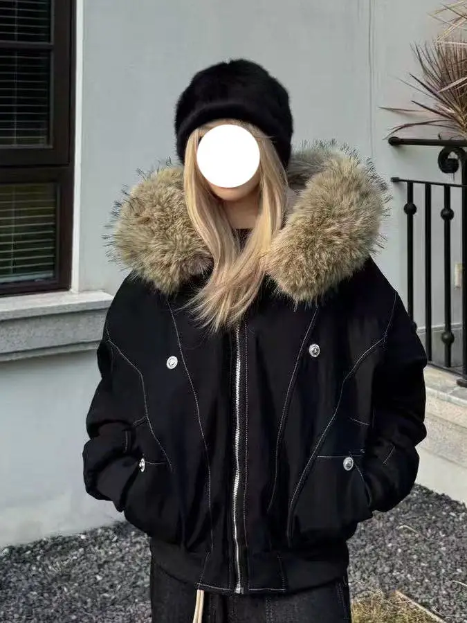 

Retro American National Trend ort Women's Jaet with Fur Collar Winter Coat Design Hooded Cotton ort Sle Commute Wind