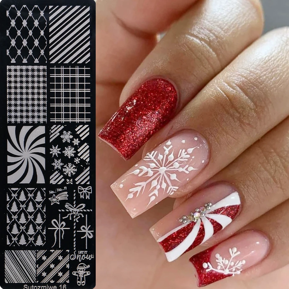 1 pcs French Christmas Nail Stamping Plate Sweet Sweater Plaid Snowflakes Bowknot Gingerbread Man Nail Templates DIY Nail Tool