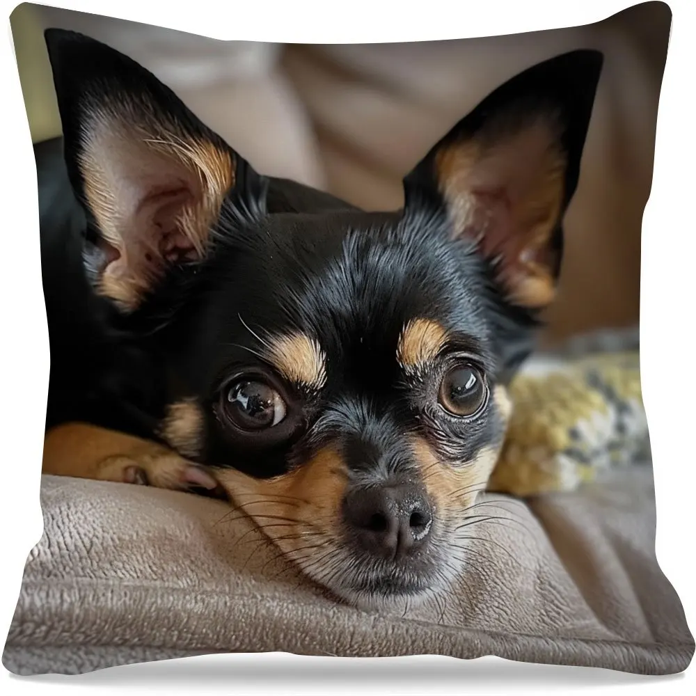 1pc 2D Flat Pillow Not Included Chihuahua Dog Face Close Up Cushion Cover Plush Pet Owner Gift Sofa Decor Case