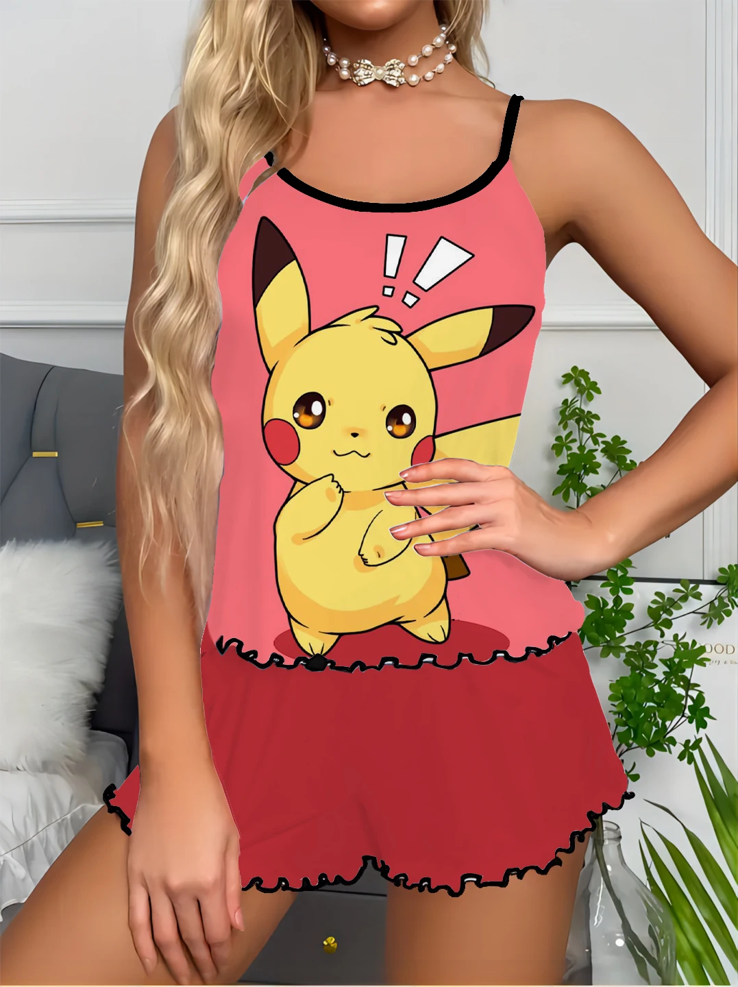 Women's pajamas summer home clothes two-piece set women camisole pajamas shorts set casual Pikachu satin silky cartoon print