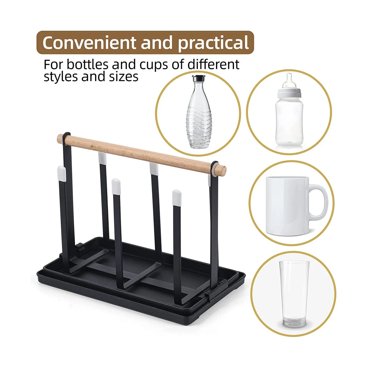 Tempat botol, botol pengering piring, 6 dudukan botol, tempat cangkir logam dengan nampan tetes dan pengering botol untuk botol dan cangkir