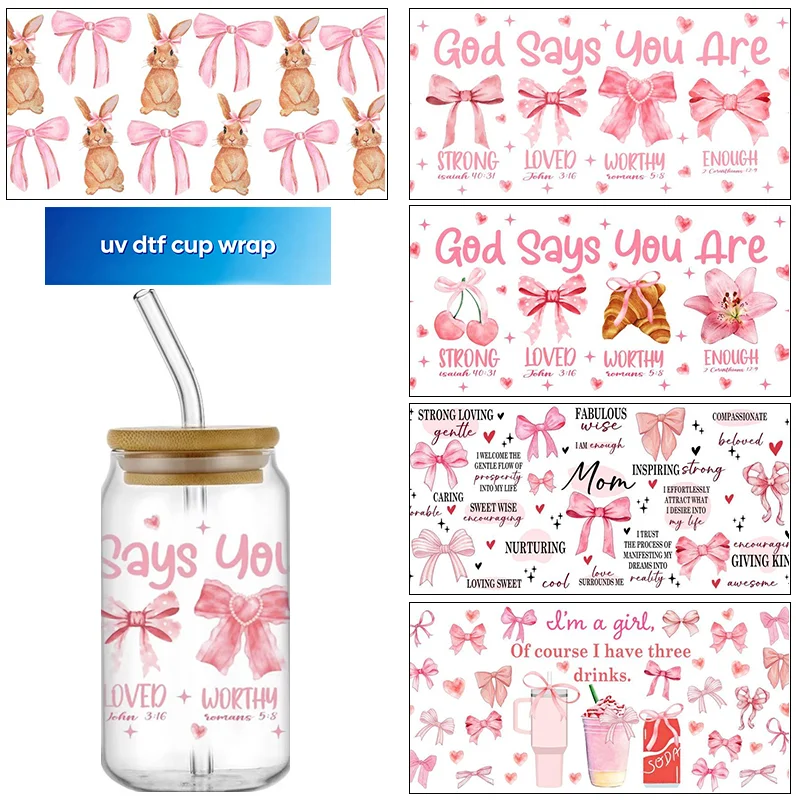 Beautiful Pink bow series UV DTF Cups Wrap Sticker DIY Label Transfer Sticker Waterproof Print home decoration