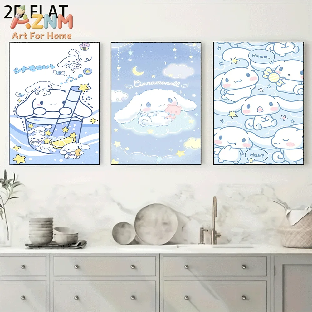 AZNM Cinnamoroll Canvas Wall Art Unframed Cute Cartoon Print Poster Bubble Tea Cloud Moon Star Kawaii Blue Pastel Design for Gir