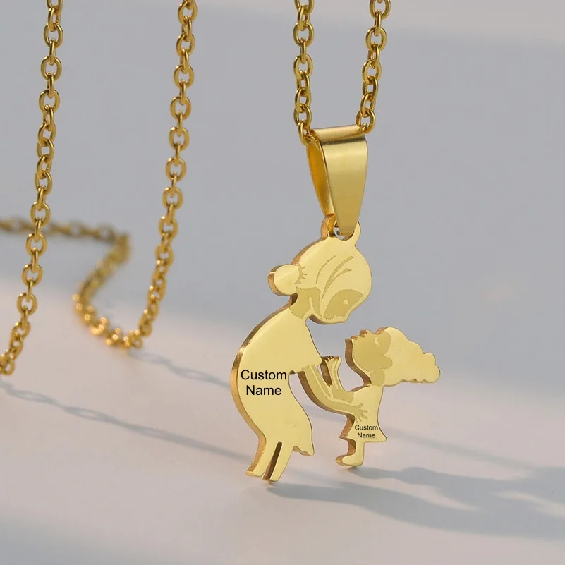 Custom Mother Baby Name Necklace for Women Stainless Steel Jewelry Gold Plated Nameplate Pendant Femme Mothers Wife Gift ﻿