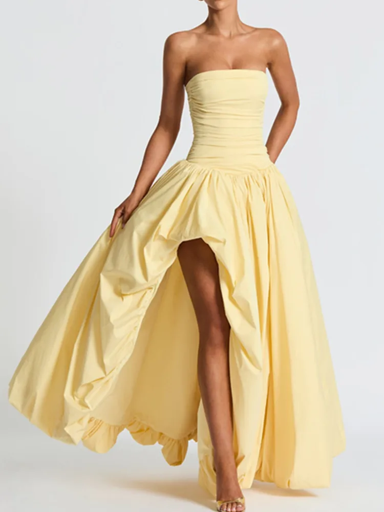 

SKMY Summer New Fresh Temperament Solid Color Back Lace-Up Low Cut Slim Fit High Waist Pleated Puffy Strapless Dress Party Women