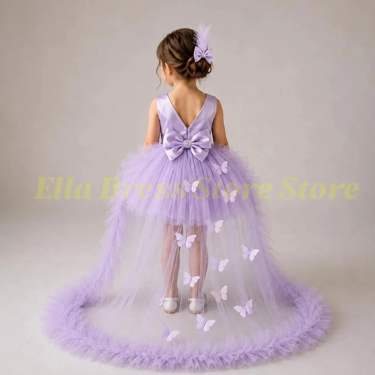 Customized Purple Flower Girl Dress Tulle Butterfly Diamond With Bow And Trailing For Wedding Birthday Prom Party Banquet Gown