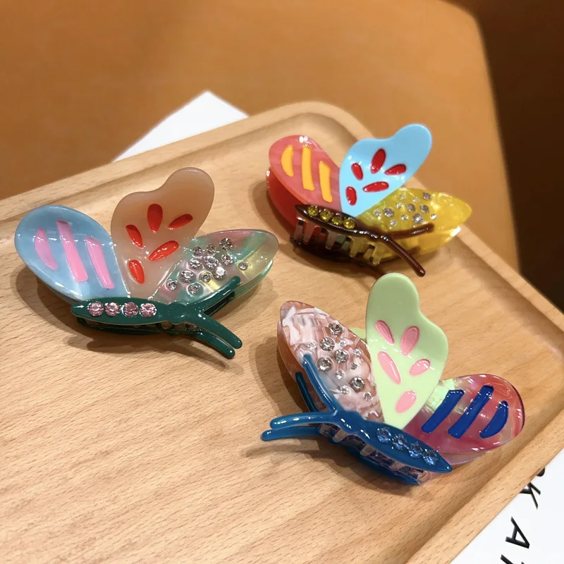 

Женская заколка-краб для волос с цветовыми блоками и бабочками в стиле ретро, модная нишевая заколка-краб из высококачественного ацетата, аксессуар для волос