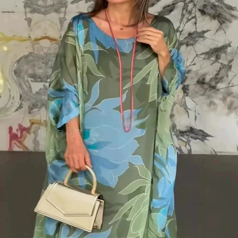 

Elegant Batwing Sleeve Pleated Women's Dress Casual High Waist Commute Dress for Women Vintage Pattern Printed Loose Maxi Robes
