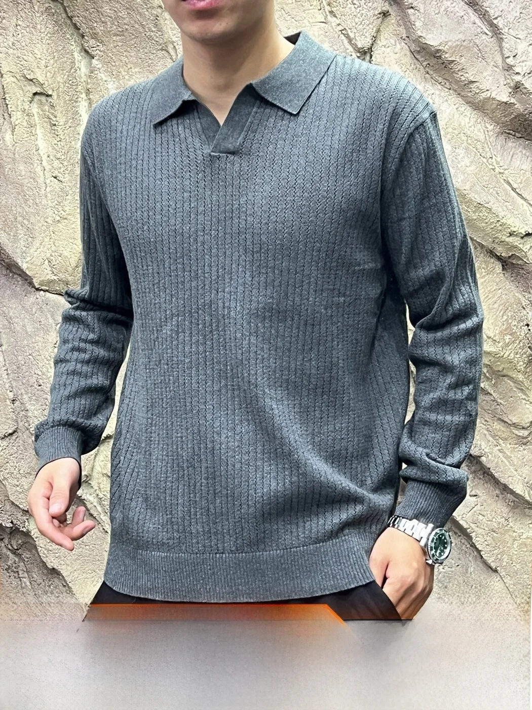 Italian Style Knitted Men's  Shirt with Ocean Collar Skin-friendly Breathable Vertical Texture Feeling Autumn Fashion