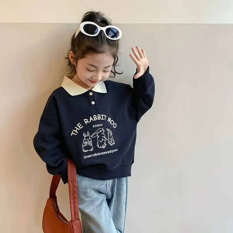 

Girls' 2025 Spring/Autumn New Arrival Stylish Fleece-Lined Polo Collar Casual Sweatshirt