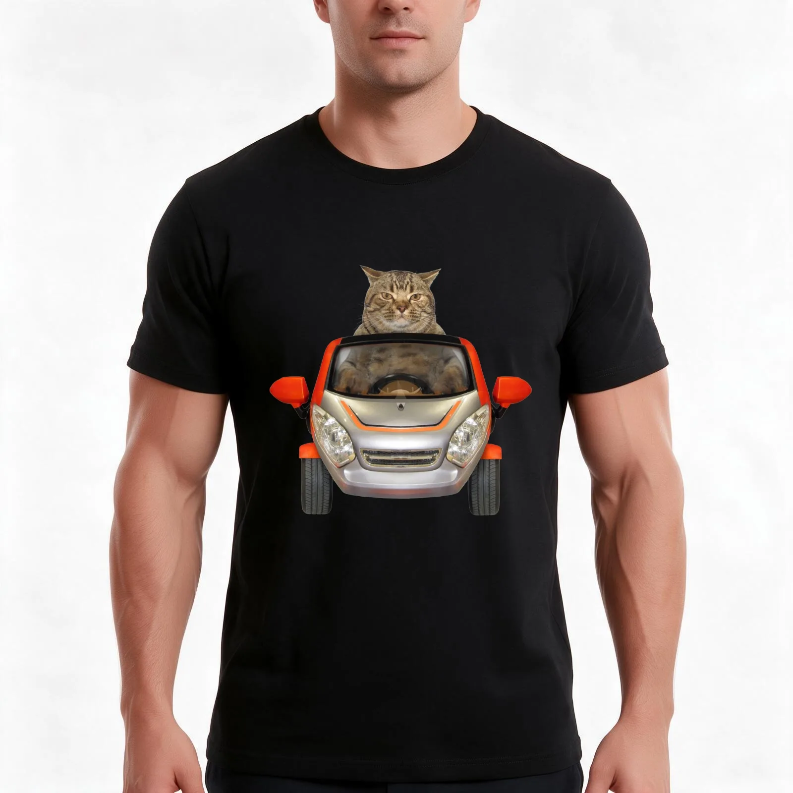 cat driving a car Essential T-Shirt, Summer Casual Cotton Tee, Oversized Streetwear Tops, Vintage Graphic Print, 100% Cotton